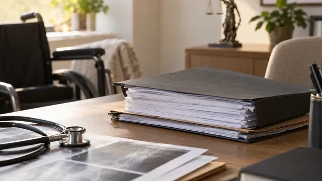 Documentos e martelo sobre a mesa, representando a ação judicial contra o INSS na Justiça Federal