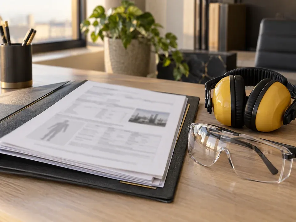 Documentos de exposição ocupacional ao lado de óculos de proteção e protetores auriculares