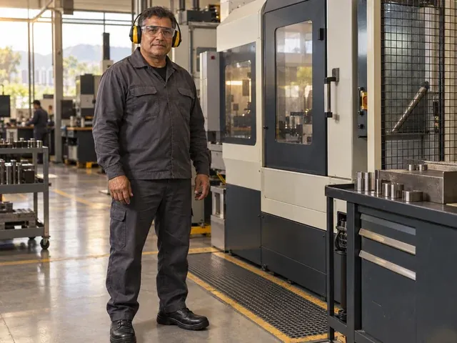 Trabalhador industrial com óculos de proteção e protetores auriculares ao lado de equipamento parado