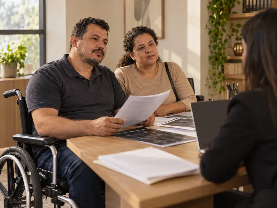 Pessoa com deficiência em atendimento com documentos e laudos médicos usados na avaliação biopsicossocial do INSS