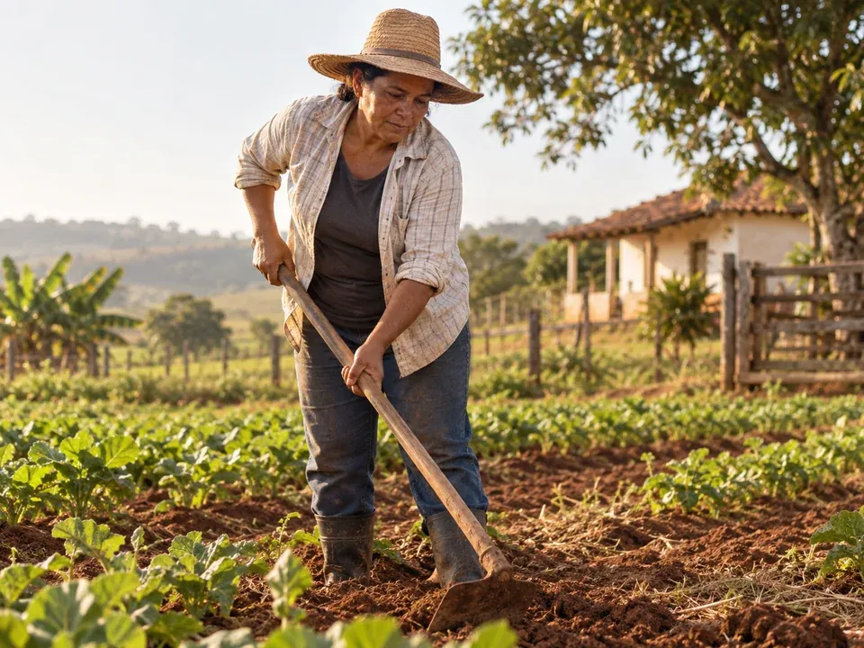 Trabalhadora rural na lavoura com a enxada, exemplo de segurado especial que tem direito à aposentadoria rural