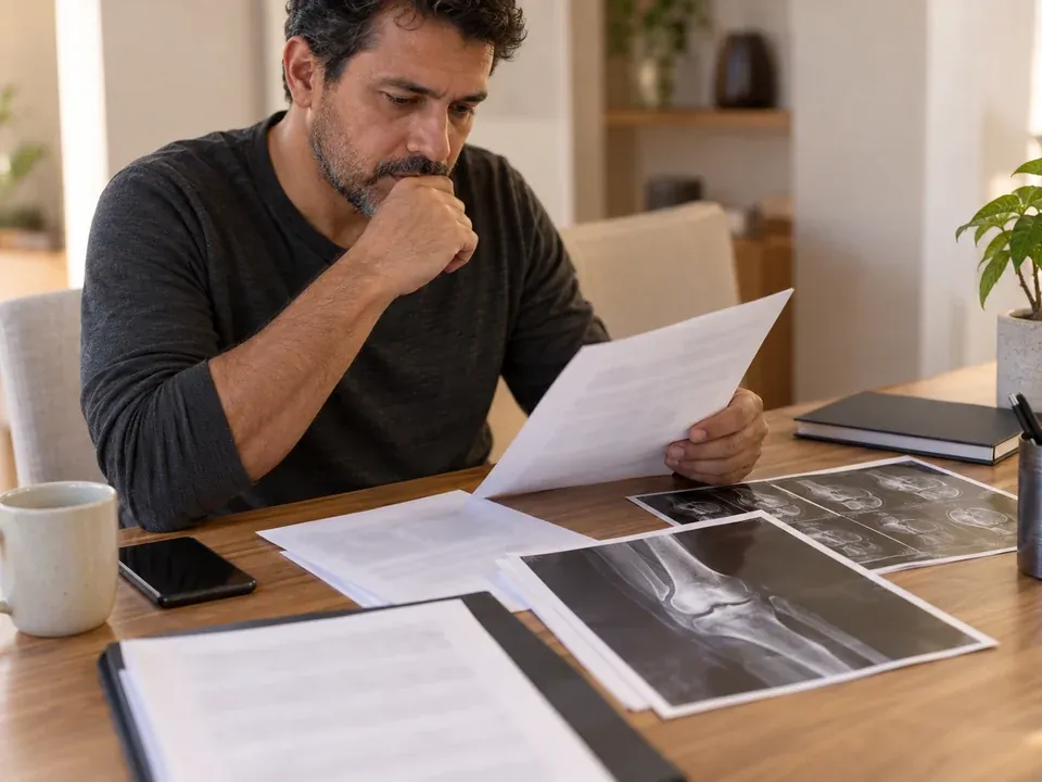 Laudo médico e exames de imagem de uma sequela em cima da mesa, usados para pedir o auxílio-acidente no INSS