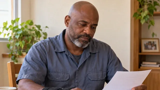 Trabalhador com órtese conferindo documentos do auxílio-acidente