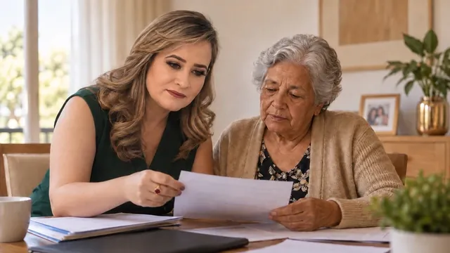 Cena ilustrativa da Dra. Flávia orientando uma cliente idosa sobre o BPC