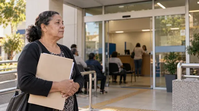 Cena ilustrativa de pessoa idosa com documentos aguardando em uma recepção de atendimento público