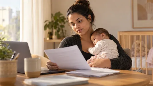 Mãe comparando licença-maternidade e salário-maternidade com documentos na mesa