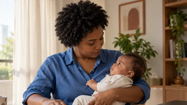 Mãe com bebê e documentos para salário-maternidade