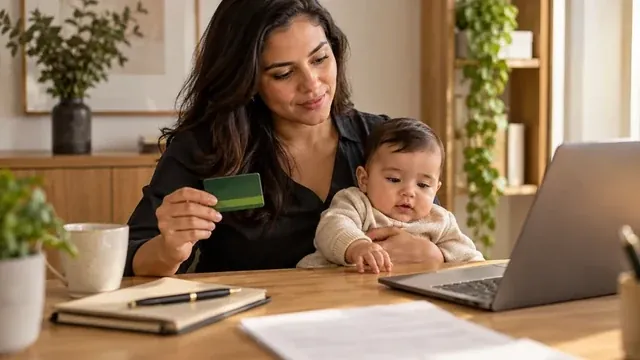 Cena ilustrativa de mãe empreendedora com o bebê ao lado de computador e documentos