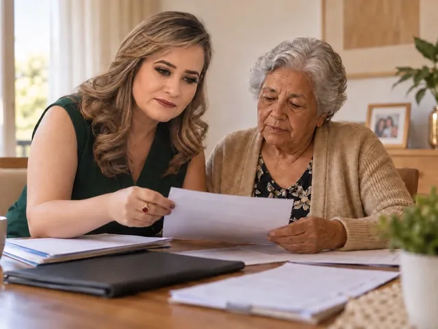 Cena ilustrativa da Dra. Flávia Claudino orientando uma cliente idosa sobre o BPC/LOAS