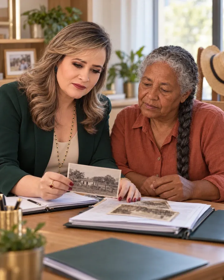 Cena ilustrativa da Dra. Flávia conferindo provas de atividade rural com uma trabalhadora