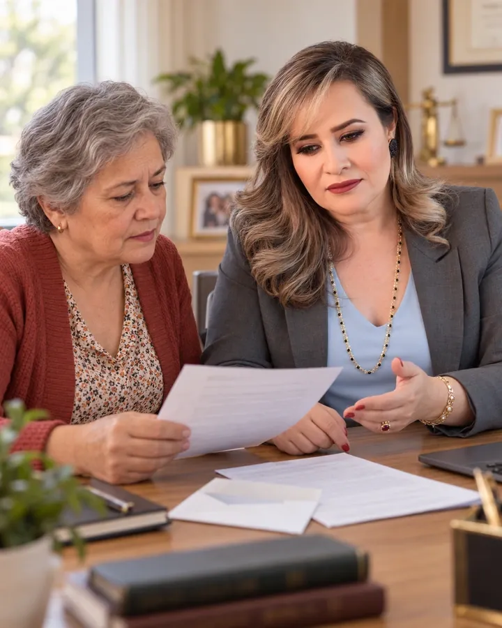 Cena ilustrativa da Dra. Flávia analisando a cessação de um benefício com uma cliente