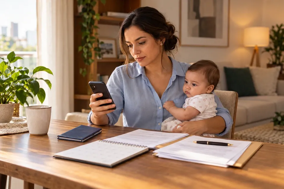 Mãe desempregada com o bebê no colo conferindo o extrato do CNIS no celular para calcular o período de graça